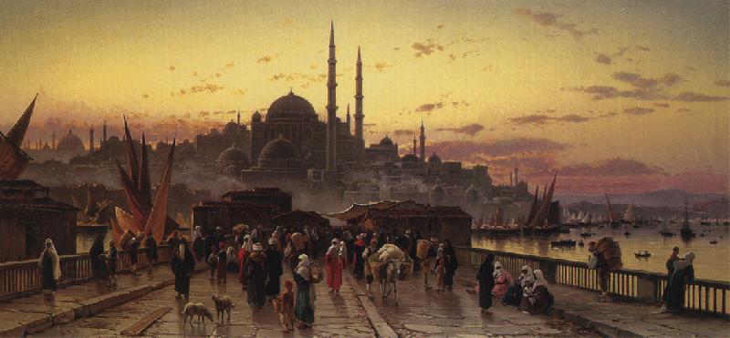 Hermann David Solomon Corrodi Dusk on the Galata Bridge and the Yeni Valide Djami, Constantinople China oil painting art